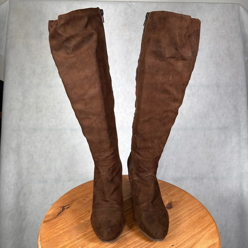 Kathy Van Zeeland Tall Boots Women 7 Brown Fair Buckle Block Heel Faux Suede